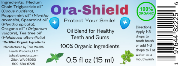 Ora-Shield label; essential oils for dental health