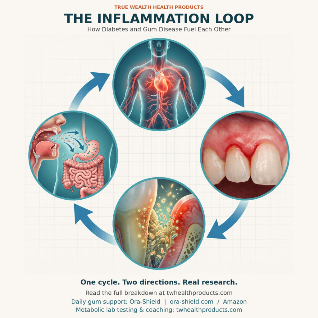 diabetes_gingivitis_social_1080_v2 - True Wealth Health Products Infographic illustrating the inflammation loop linking heart, mouth, gut and bacteria in a circular cycle with arrows