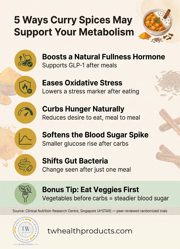 Infographic listing five metabolic benefits of curry spices, including a GLP-1 boost, stress relief, hunger control, and blood sugar support.”
