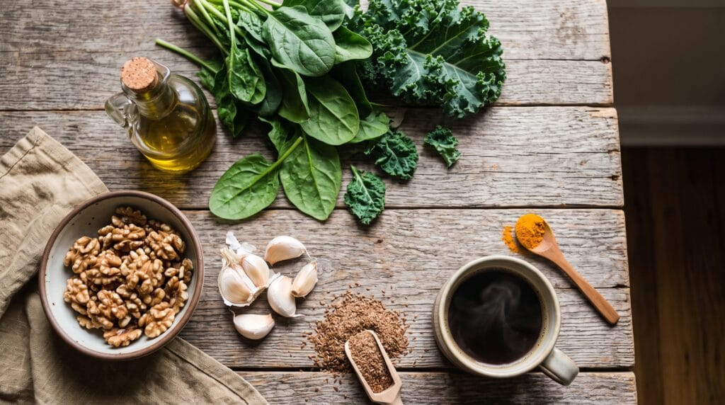 The 10 best foods for liver health, including leafy greens, olive oil, garlic, flaxseeds, coffee, walnuts, turmeric, and black pepper