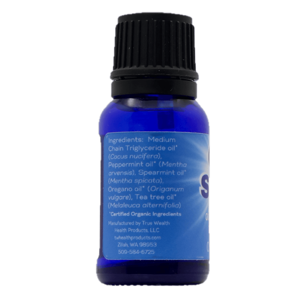 Ora-Shield bottle for gum health. Left panel showing ingredients. Organic oils of peppermint, spearmint, tea tree, and oregano.