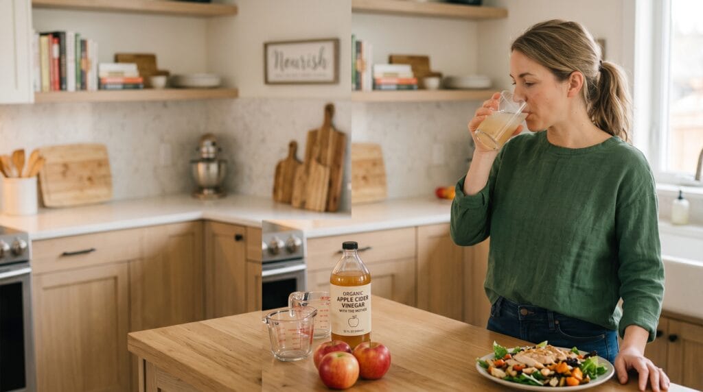 ACV before meal Gemini - True Wealth Health Products Woman drinking apple cider vinegar in water before a carbohydrate meal.
