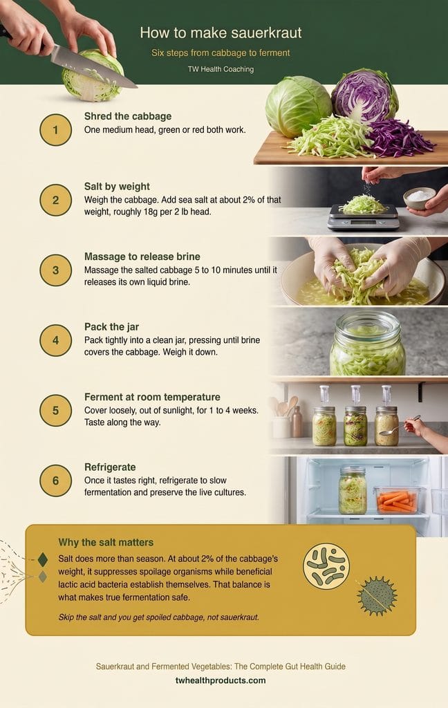 Gemini_Saurkraut_Process v2 Infographic: ‘How to make sauerkraut’ showing six steps (shred cabbage, salt, massage, pack jar, ferment, refrigerate) with cabbage and jars images.