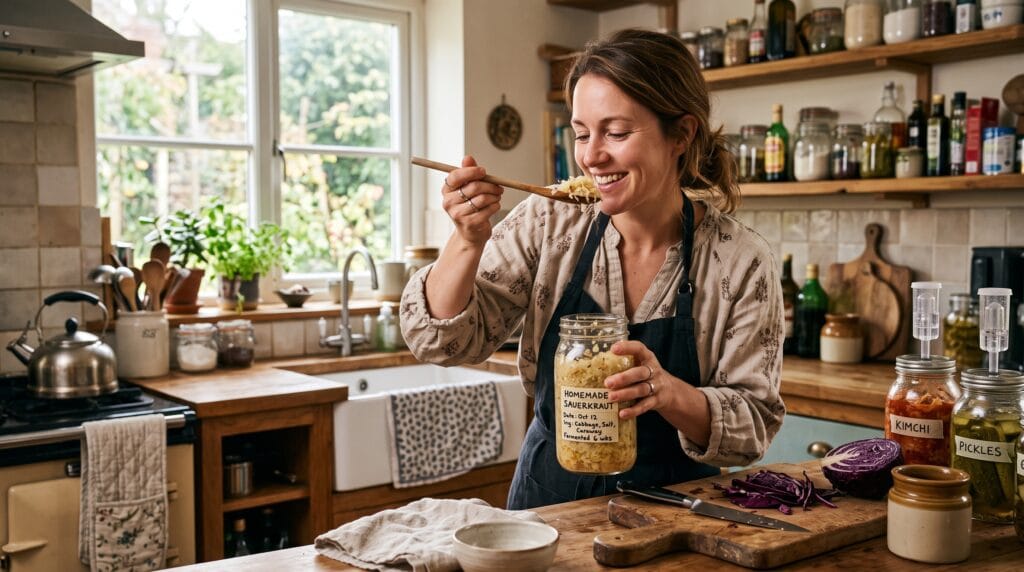 Woman tasting sauerkraut in kitchen_Gemini - True Wealth Health Products Woman tasting sauerkraut in her kitchen with other fermented vegetables