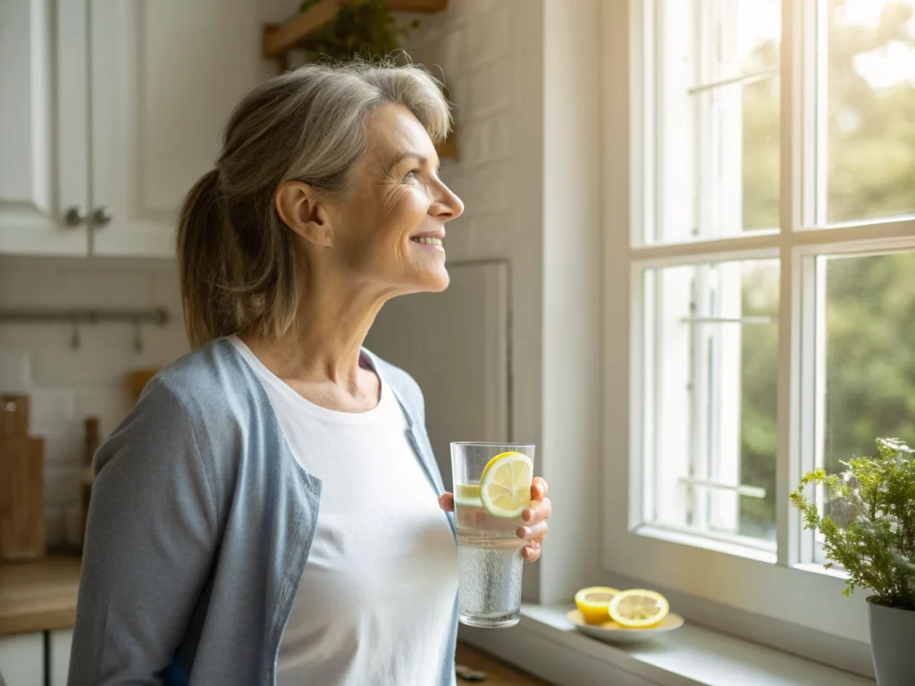 Smiling woman with gray hair stands in a bright kitchen by a window, holding a glass of lemon water.