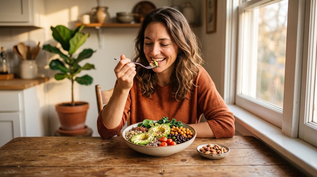 High fiber meal healthy weight Gemini - True Wealth Health Products Young woman eating a high-fiber meal with intact whole grains, avocado, beans, nuts and seeds, and leafy green vegetables