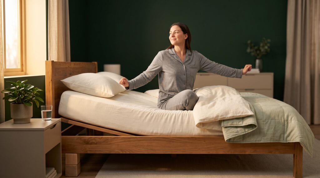 Inclinded Bed Therapy Feature Image - True Wealth Health Products Woman in gray pajamas stretching on a bed with the head end raised at a gentle angle.