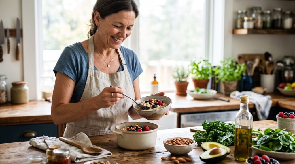 Lower cholesterol naturally with plants. Woman in kitchen preparing plant foods to lower cholesterol