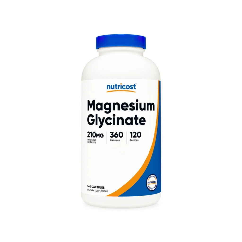 Nutricost Magnesium Glycinate bottle with blue cap; label notes 210 mg magnesium per serving and 360 capsules (120 servings)