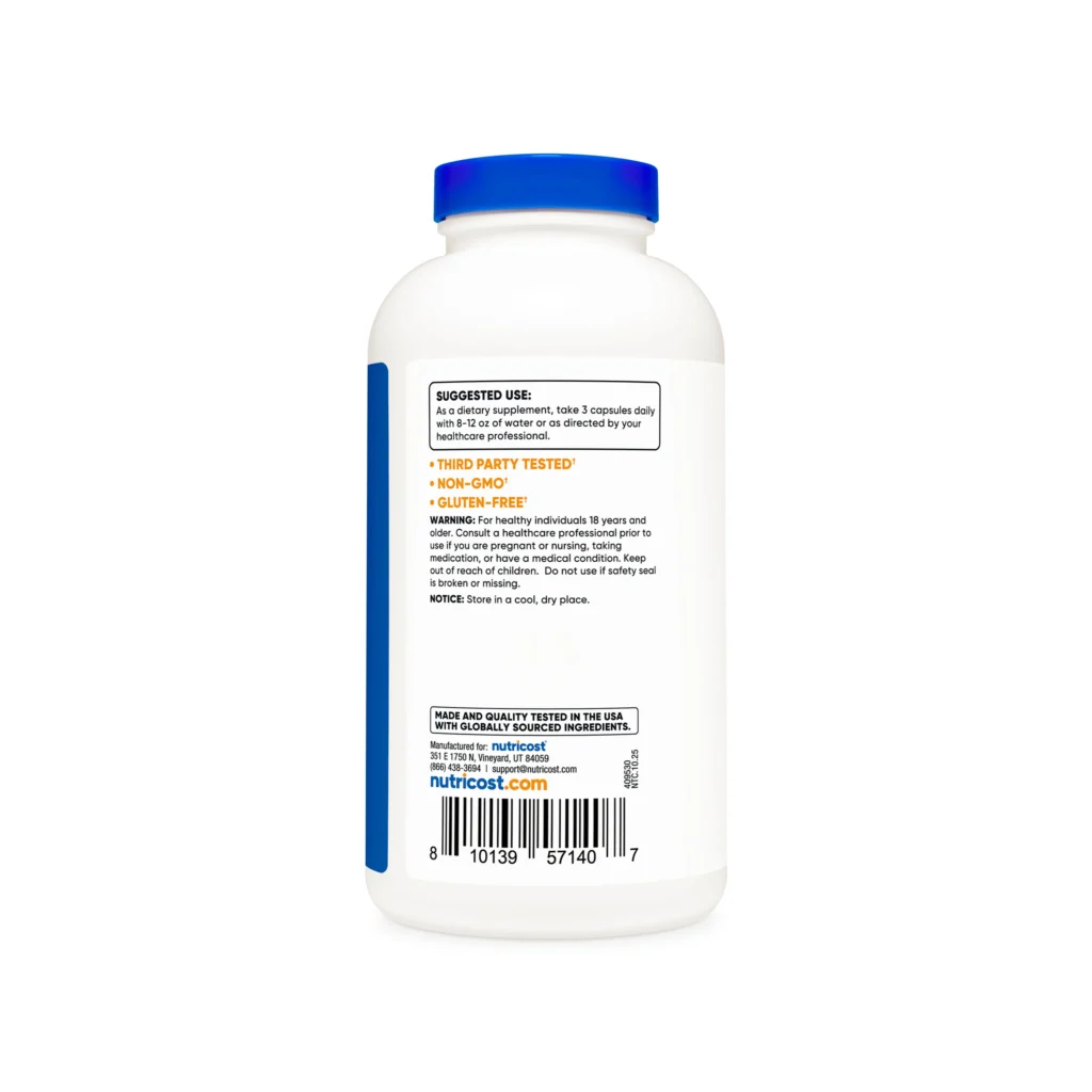 White dietary supplement bottle with a blue cap and a printed label showing text and a barcode on the front.