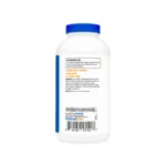 White dietary supplement bottle with a blue cap and a printed label showing text and a barcode on the front.