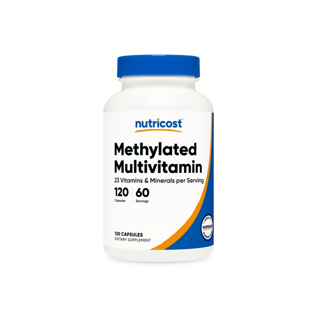 Nutricost methylated multivitamin bottle with a blue cap and label reading 'Methylated Multivitamin' and '120 capsules'