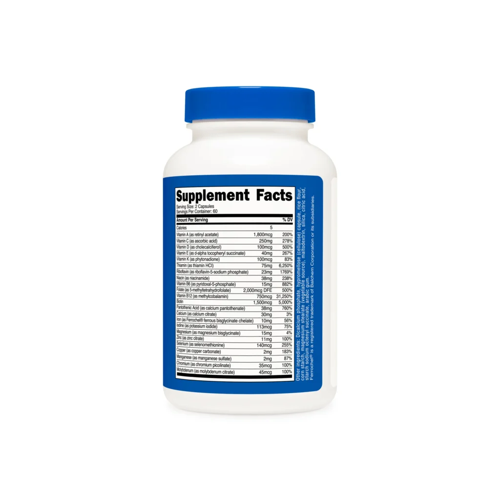 Dietary supplement bottle with a blue cap; nutrition facts panel visible on the label