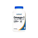 Nutricost Omega-3 dietary supplement bottle with a blue cap, partially visible label and orange accents on white bottle surface.