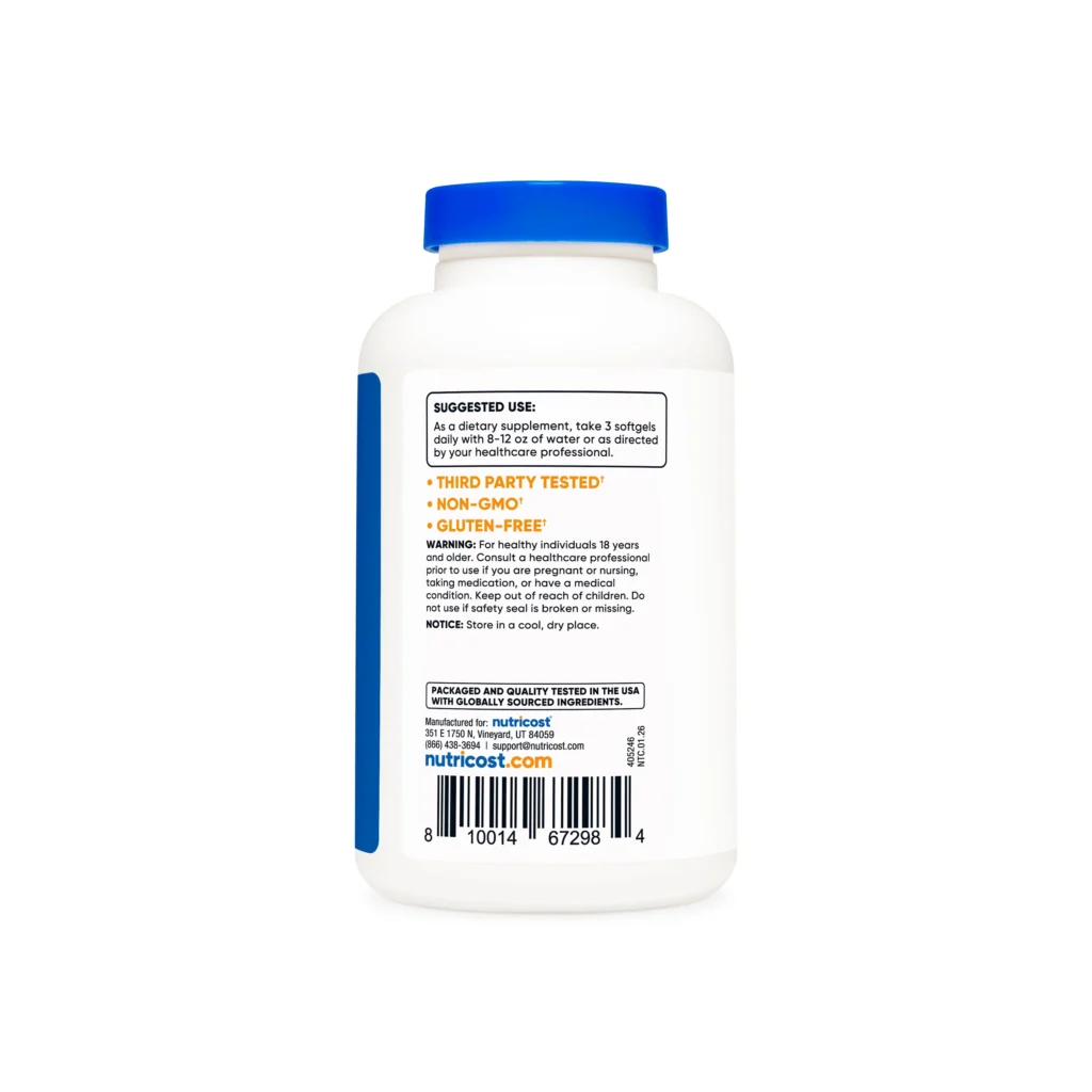 White plastic bottle with a blue screw-on cap and a printed label showing nutrition information and a barcode on the front surface.