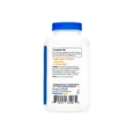 White plastic bottle with a blue screw-on cap and a printed label showing nutrition information and a barcode on the front surface.