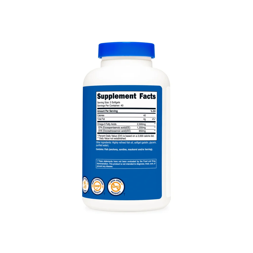 White supplement bottle with a blue childproof cap and a blue label partially showing the Supplement Facts panel on the front.
