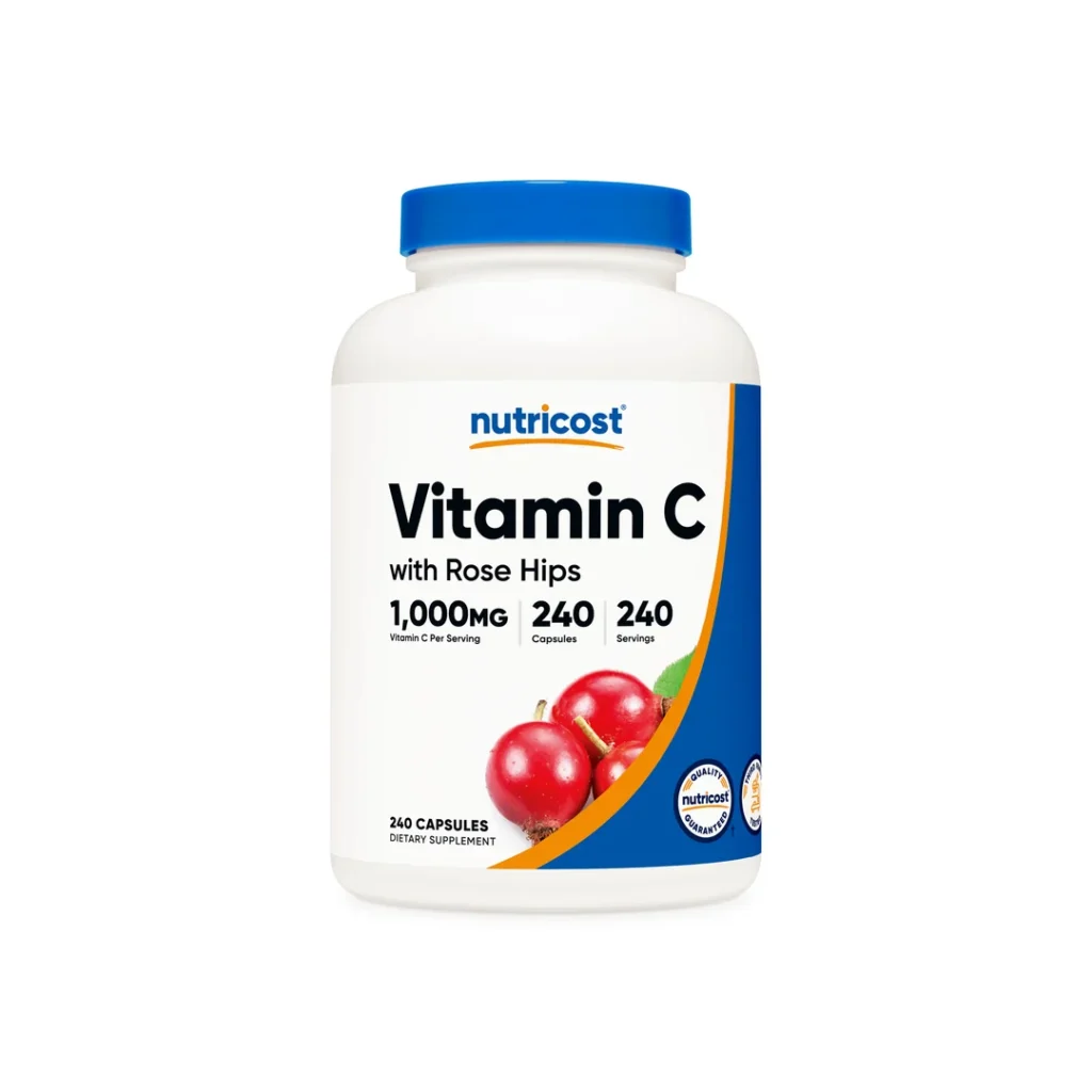 Bottle of Nutricost Vitamin C with Rose Hips, 1,000 mg per serving, 240 capsules, white container with blue cap.