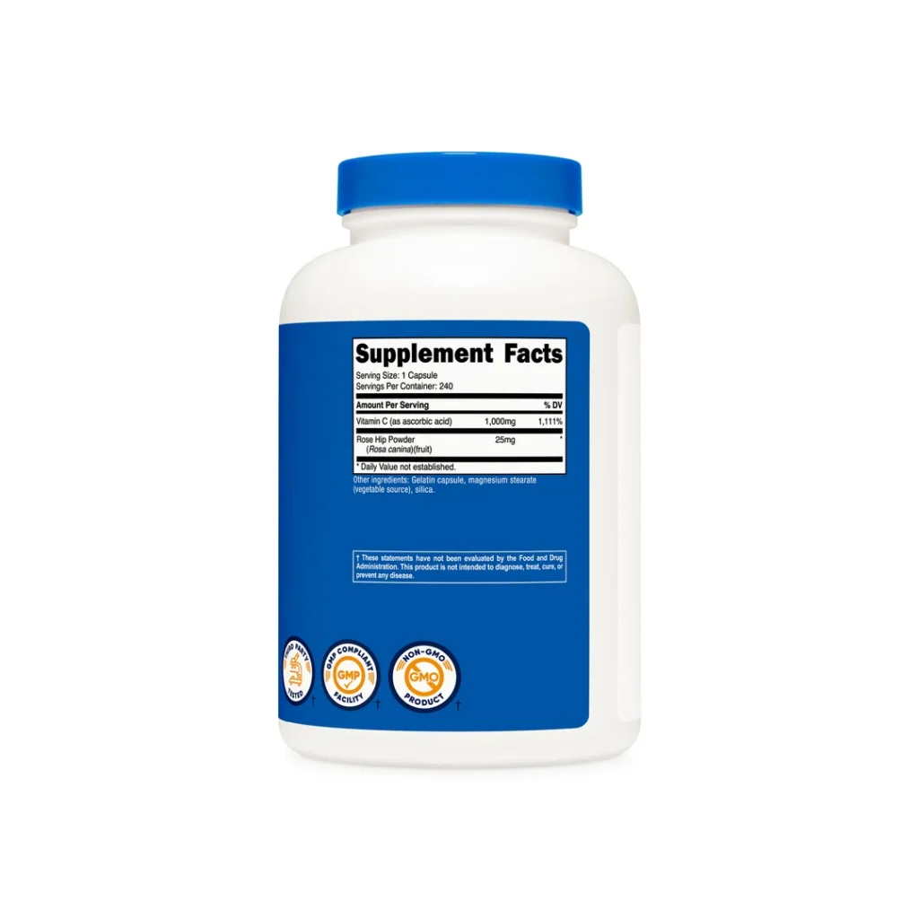 White supplement bottle with a blue label and blue cap, front-facing label shows a 'Supplement Facts' panel on a white background.