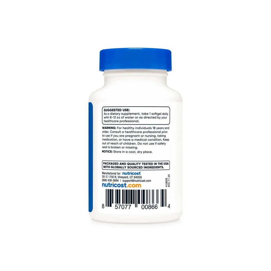 White dietary supplement bottle with a blue cap, shown from the back; rear label with usage instructions and a barcode nearby.