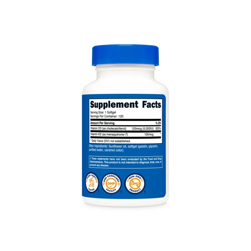 White plastic supplement bottle with a blue cap and a blue-and-white label reading 'Supplement Facts'; shows vitamins, ingredients, and certification seals at the bottom