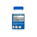 White plastic supplement bottle with a blue cap and a blue-and-white label reading 'Supplement Facts'; shows vitamins, ingredients, and certification seals at the bottom
