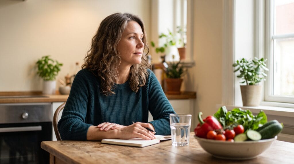 Woman at table looking out window ozempic not working feature - True Wealth Health Products Woman in her 40s with pen and notebook, looking out the window, with a salad bowl on the table
