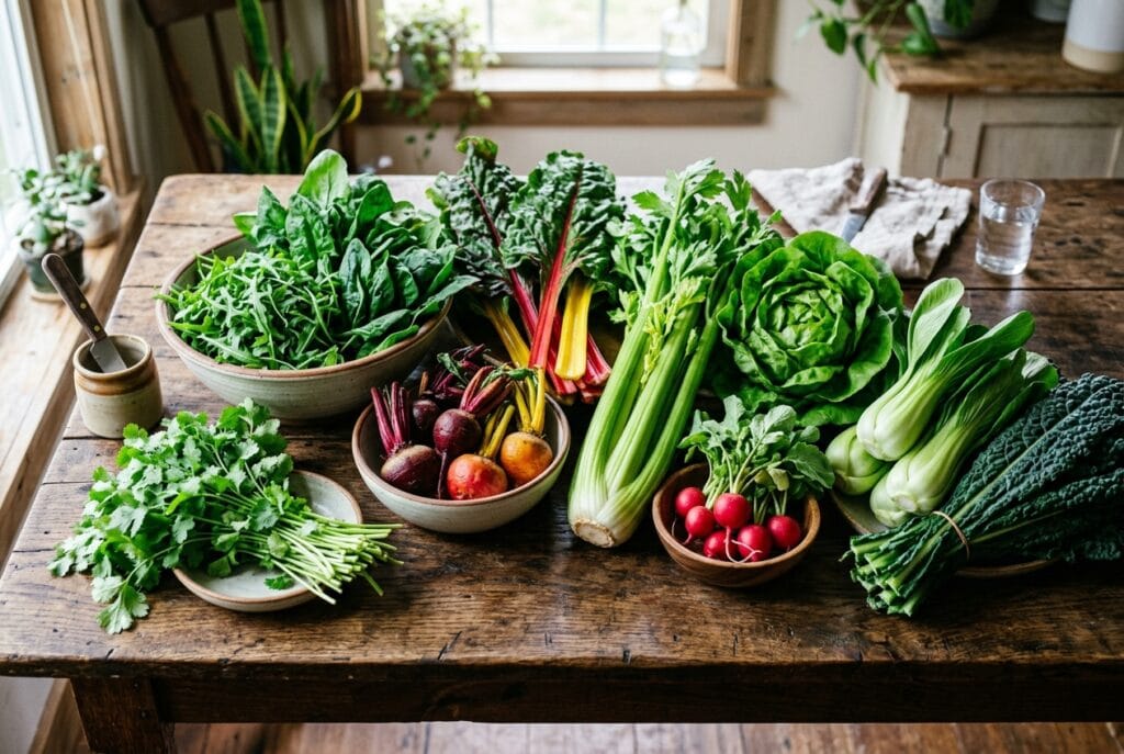 Assortment of fresh greens and vegetables on a wooden table—lettuce, kale, celery, beets, radishes, and bok choy.