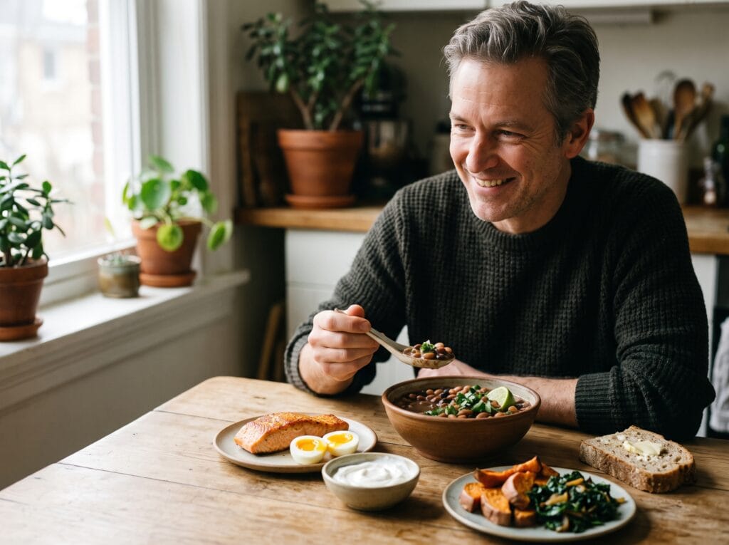 A middle aged man enjoying a bowl of beans with salmon, eggs, yogurt, roasted sweet potatoes, and whole-grain bread
