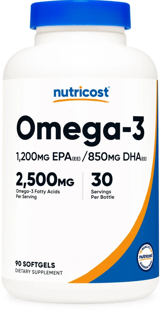 Nutricost Omega-3 bottle with blue cap, dietary supplement label visible.