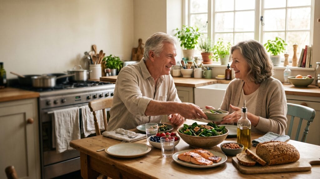 MIND Diet dementia older couple kitchen table eating healthy meal v2 - True Wealth Health Products Hold a couple in a healthy meal at a kitchen table.