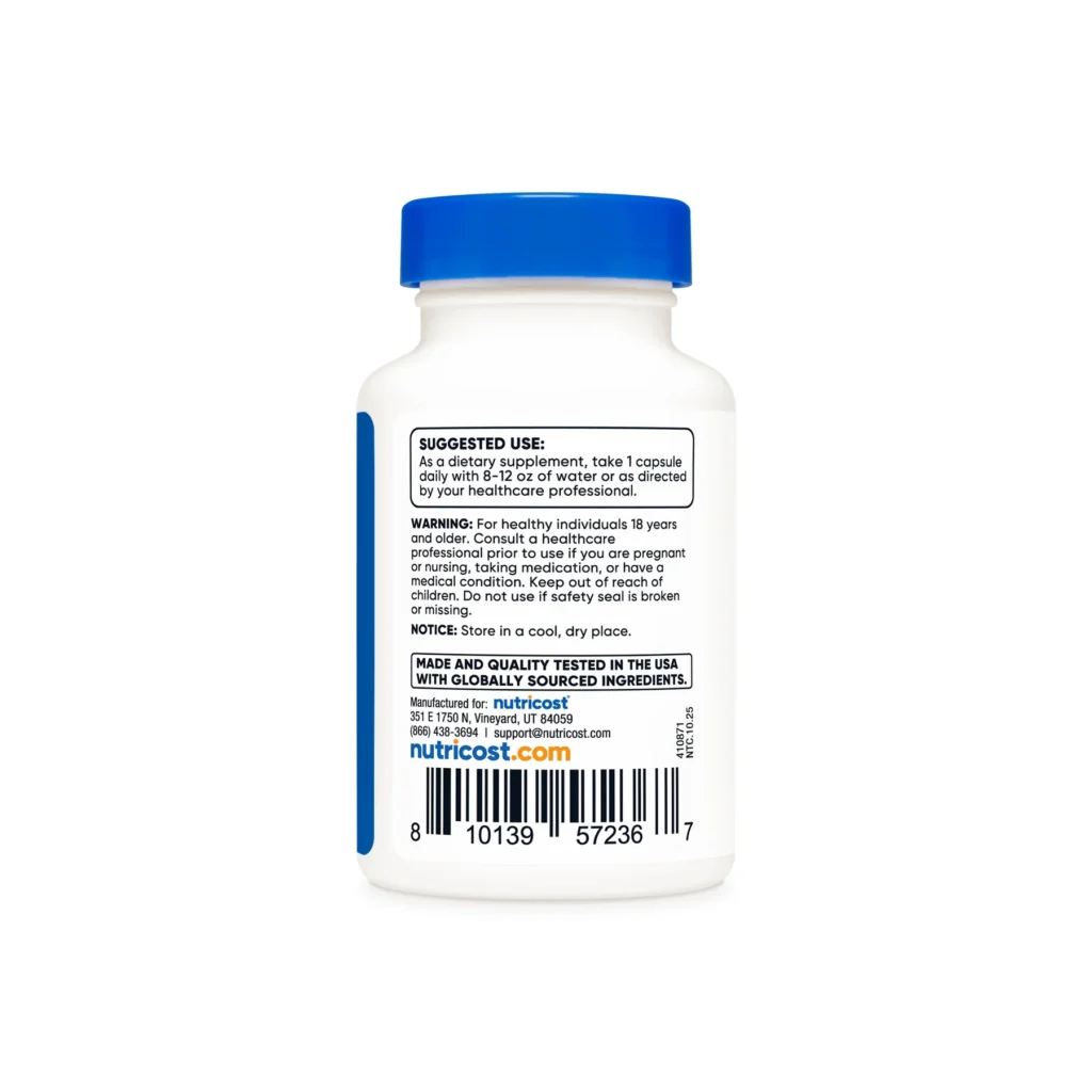 White dietary supplement bottle with a bright blue cap and a barcode on the label.