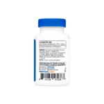 White dietary supplement bottle with a bright blue cap and a barcode on the label.