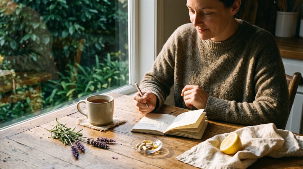 Supplements for mental health feature image - True Wealth Health Products Middle-aged person writing in journal at kitchen table, reflecting on improving mental health.